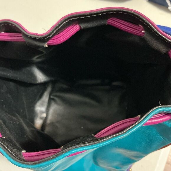 Colorblocked Studded Multi-Colored Leather Drawstring Bucket Bag - Picture 7 of 10